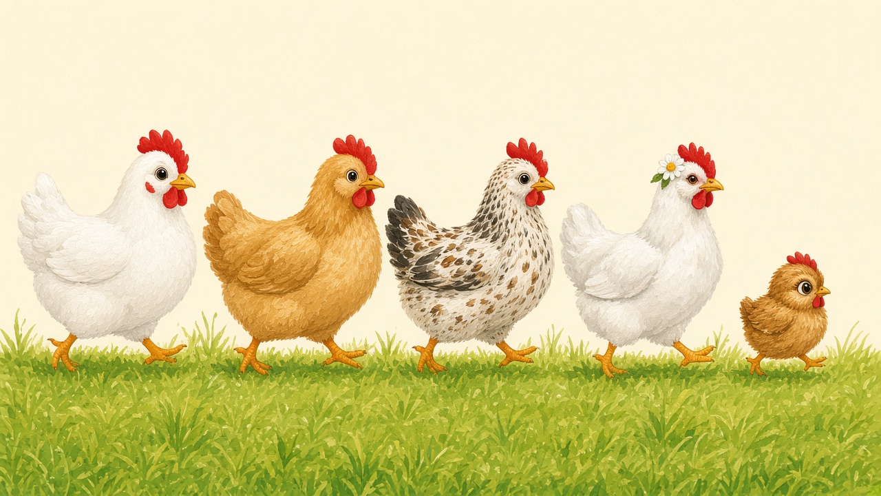 Five hens walking in a row across the grass